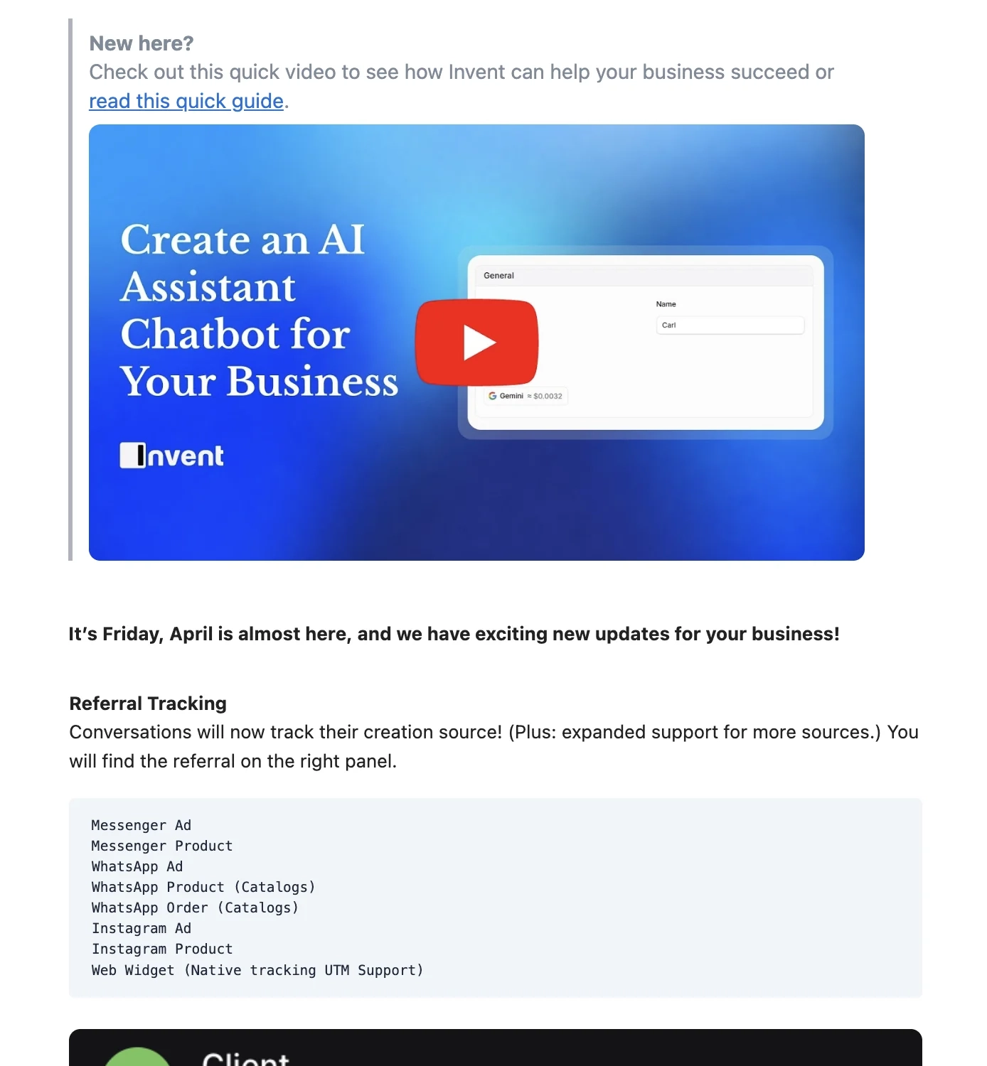 Email Marketing for AI Companies: Screenshot of Invent’s newsletter showing new features
