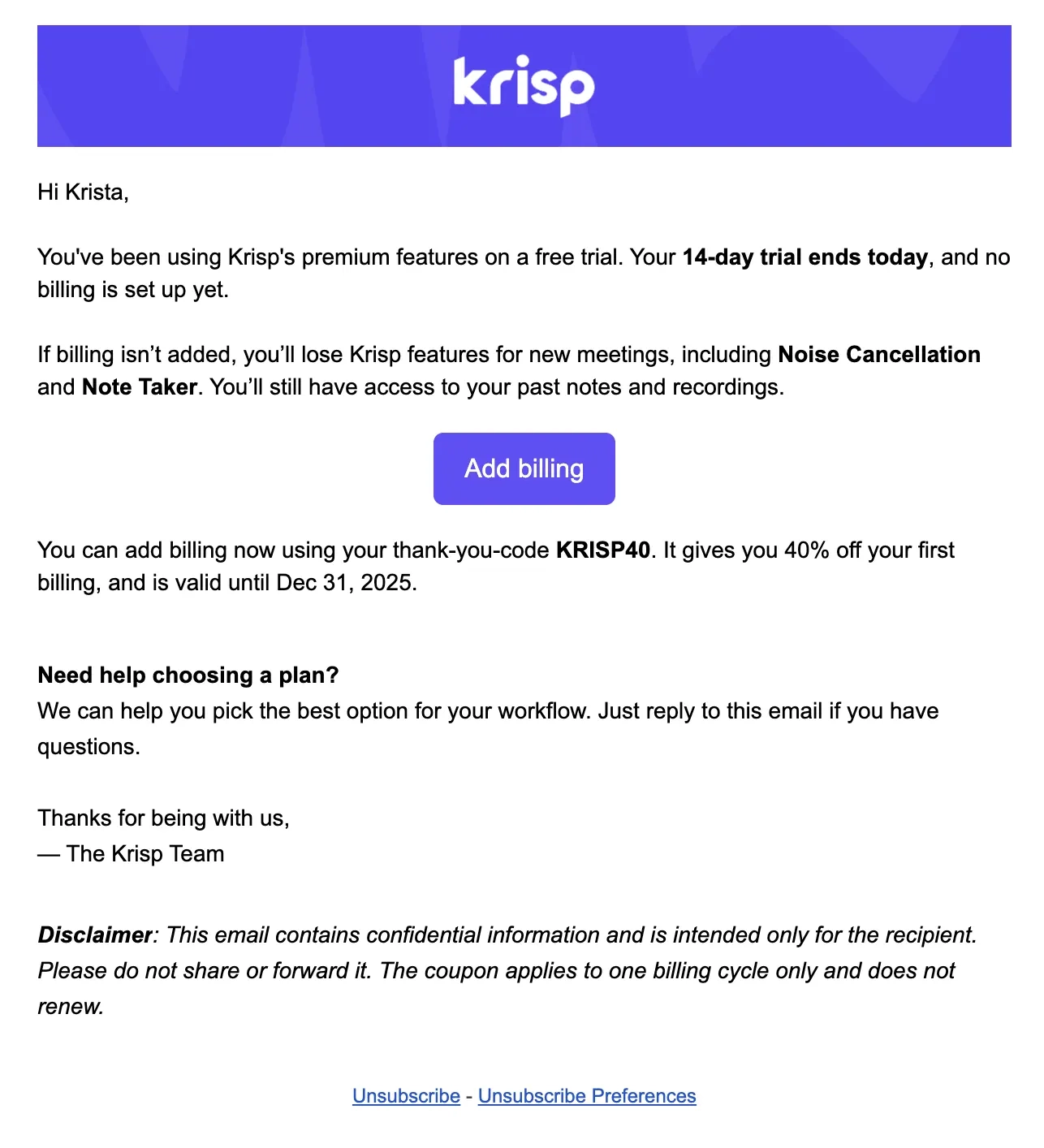Email Marketing for AI Companies: Screenshot of Krisp’s email after a Pro trial expires
