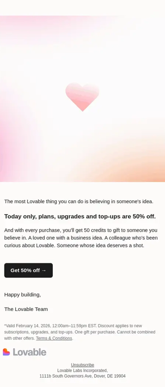 Email Marketing for AI Companies: Screenshot of Lovable’s promo email for Valentine’s day