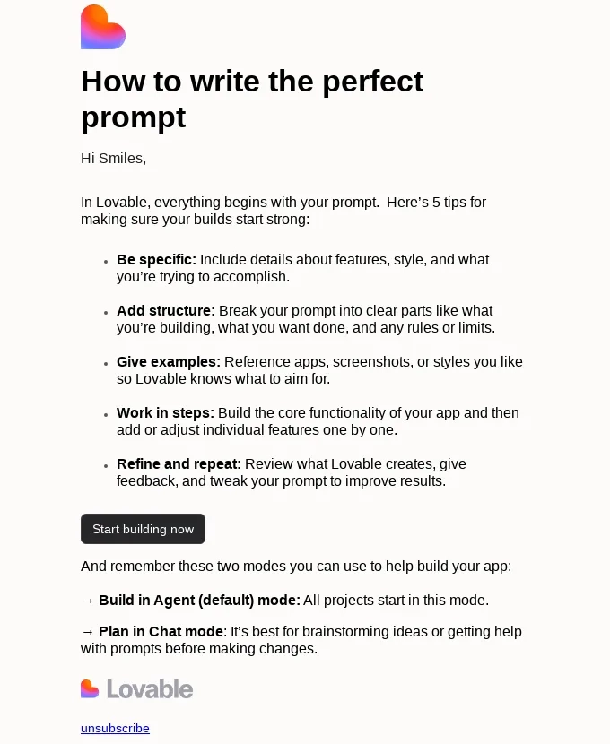 Email Marketing for AI Companies: Screenshot of Lovable’s email about how to write the perfect prompt
