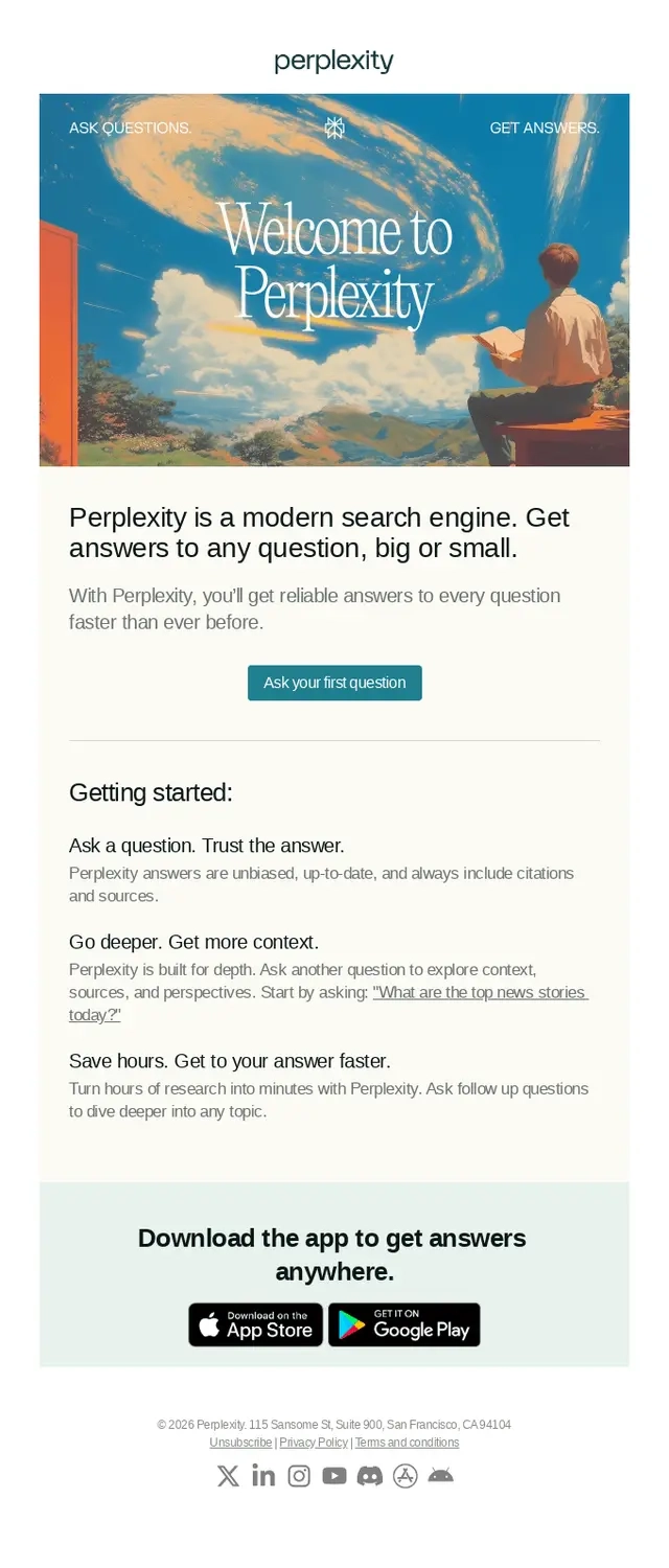 Email Marketing for AI Companies: Screenshot of Perplexity’s welcome email