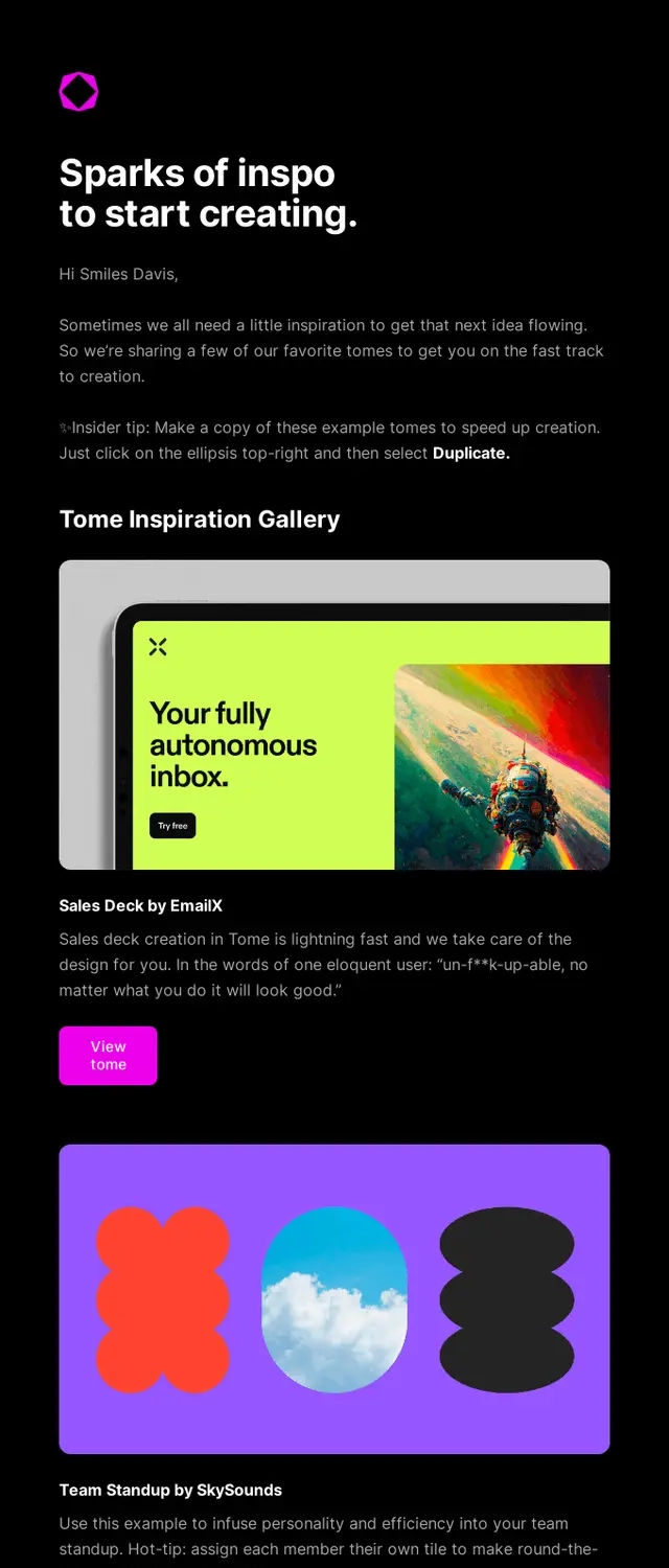 Email Marketing for AI Companies: Screenshot of Tome’s prompt inspiration email