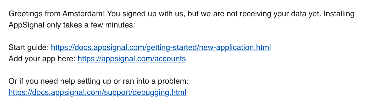 Email Marketing for Devtools: Screenshot of AppSignal's email with full text links