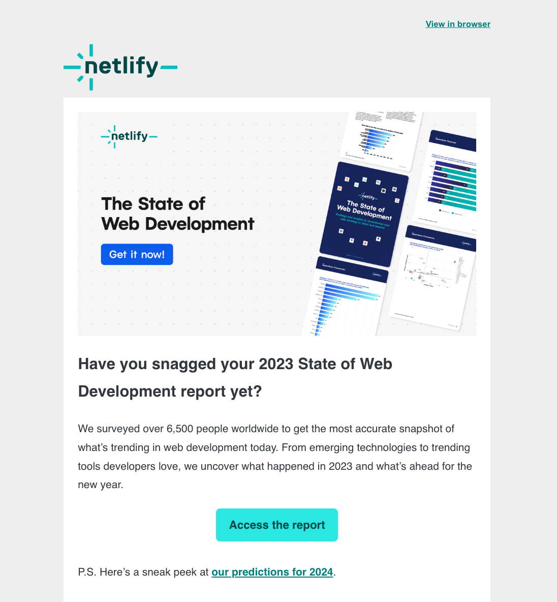 Email Marketing for Devtools: Screenshot of Netlify's email featuring industry news and reports