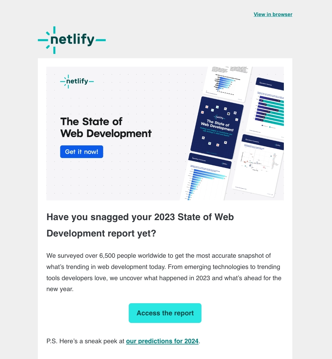 Email Marketing for Devtools: Screenshot of Netlify's email featuring industry news and reports