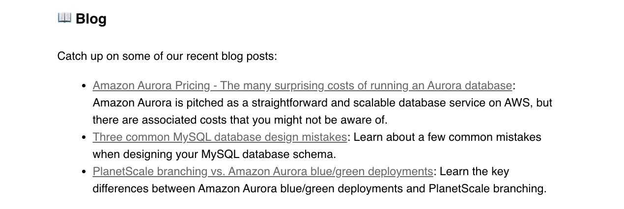 Email Marketing for Devtools: Screenshot of PlanetScale's email featuring blog highlights
