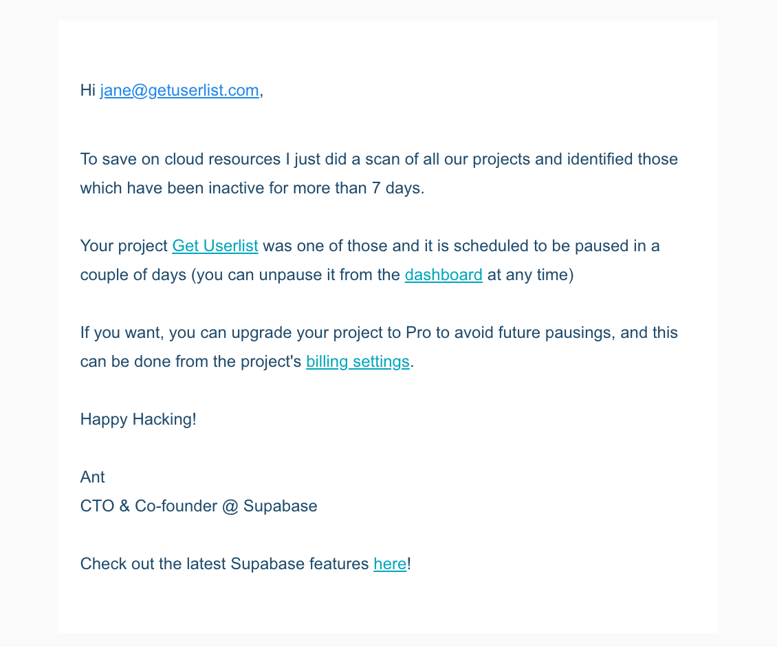 Email Marketing for Devtools: Screenshot of Supabase's account reactivation email