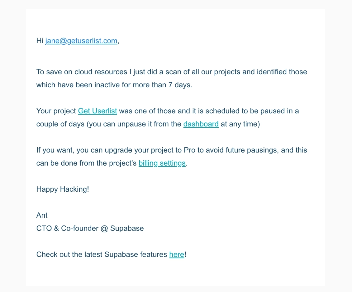 Email Marketing for Devtools: Screenshot of Supabase's account reactivation email