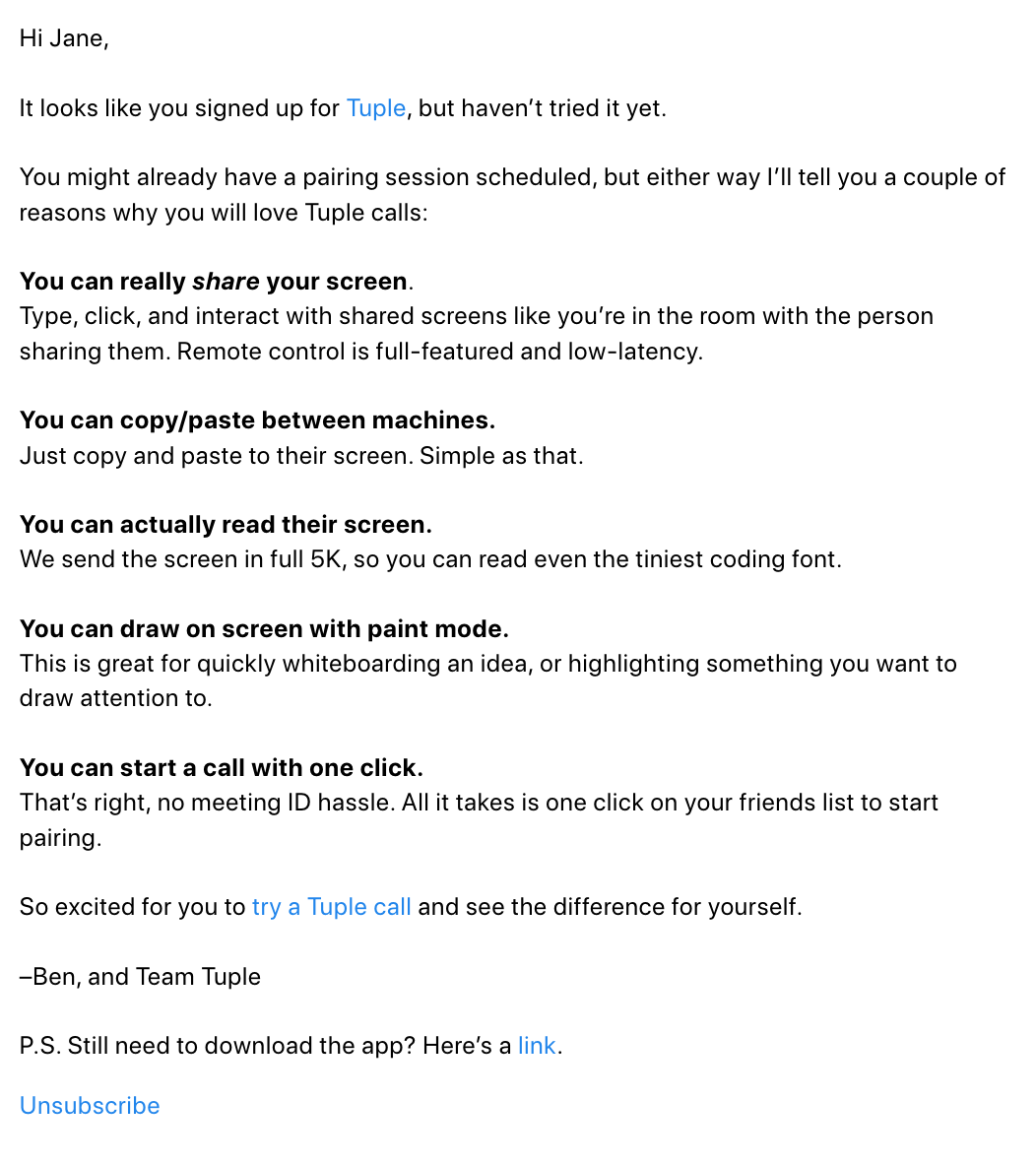 Email Marketing for Devtools: Screenshot of Tuple's welcome email