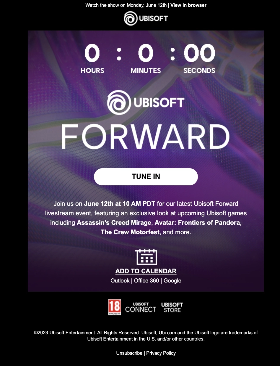 Email Marketing for Game Brands: Screenshot of Ubisoft's event email for Ubisoft Forward