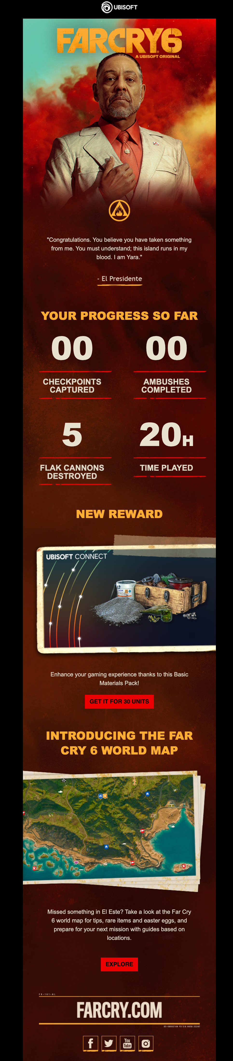 Email Marketing for Game Brands: Screenshot of Ubisoft's milestone email for Far Cry 6