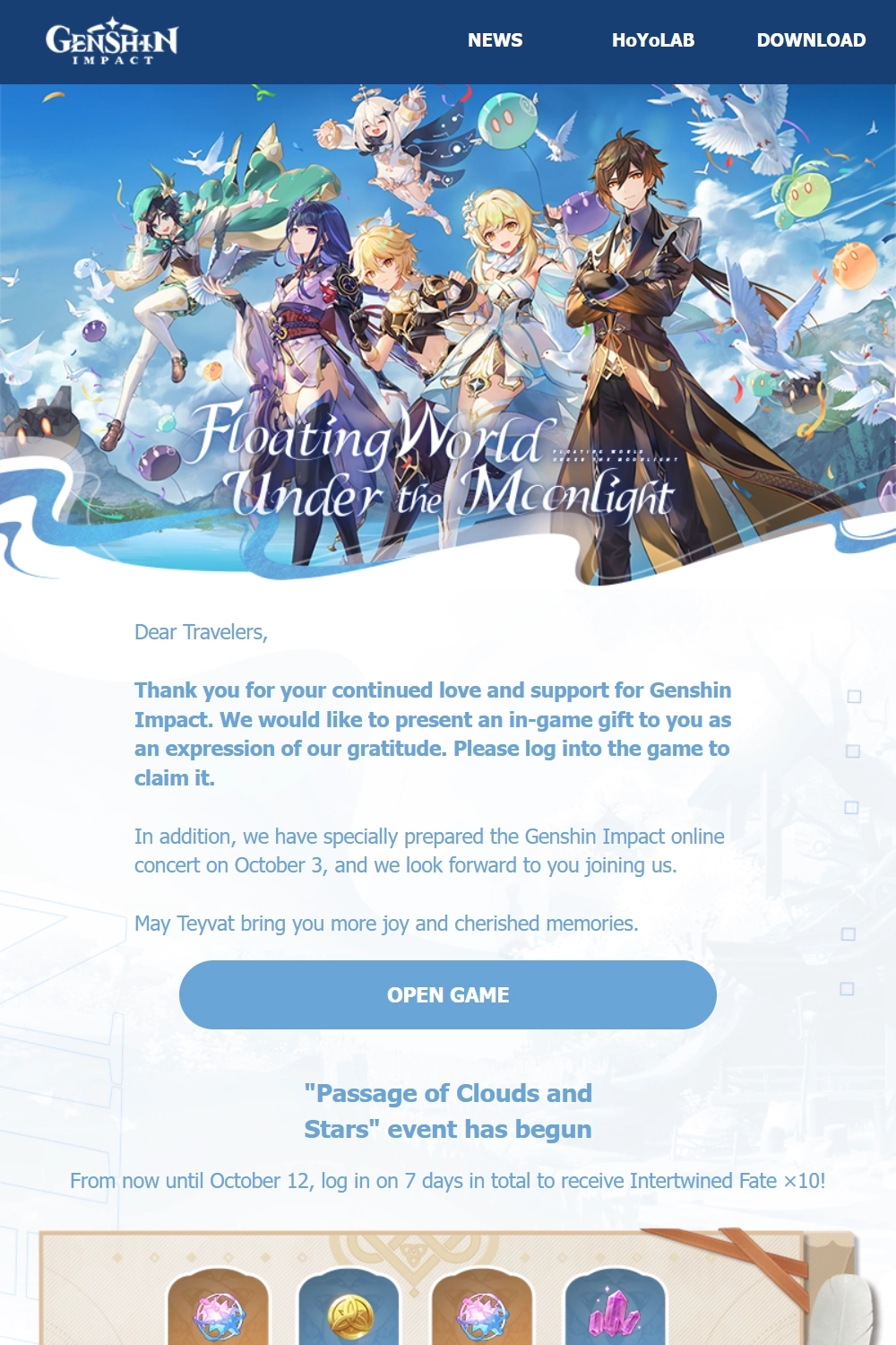 Email Marketing for Game Brands: Screenshot of Genshin Impact's player anniversary celebration email