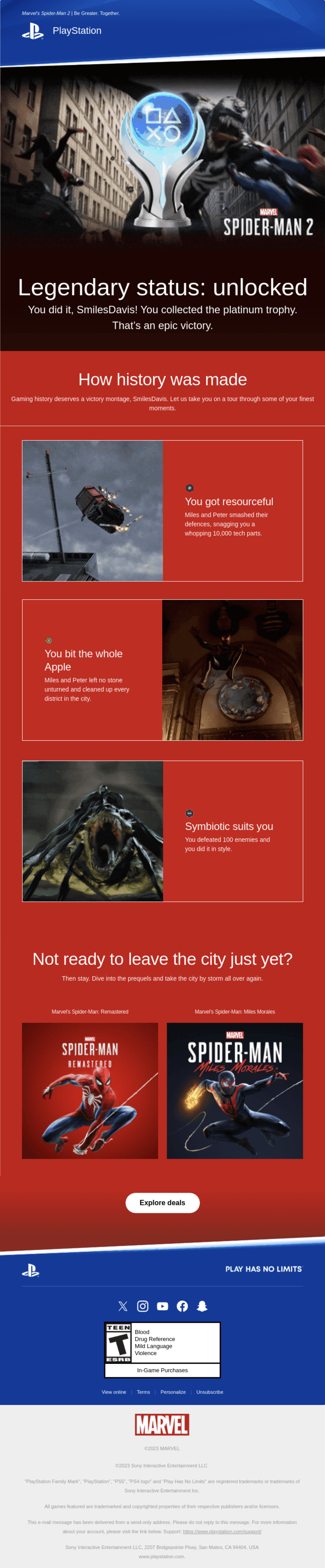 Email Marketing for Game Brands: Screenshot of PlayStation's milestone email for Marvel's Spider-Man 2