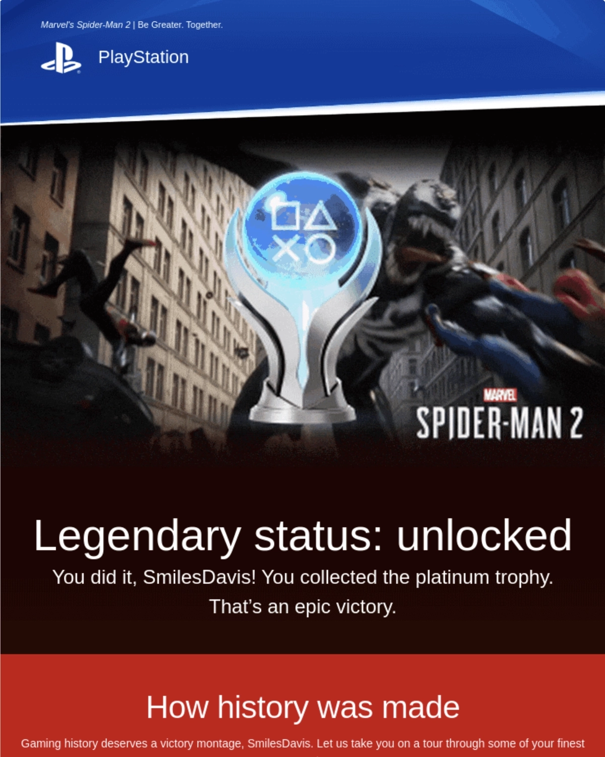 Email Marketing for Game Brands: Screenshot of PlayStation's milestone email for Marvel's Spider-Man 2