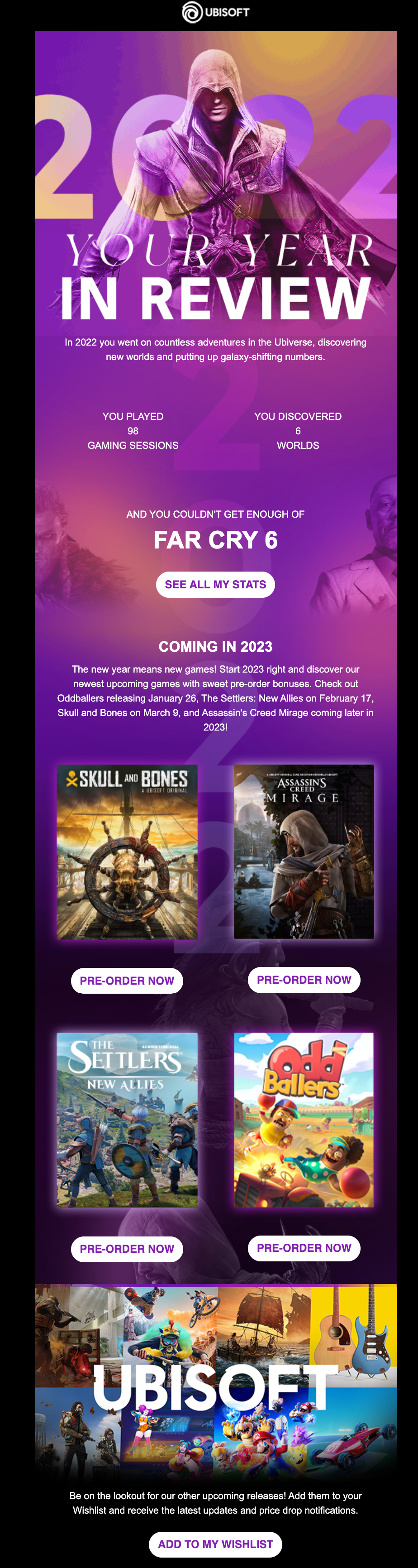 Email Marketing for Game Brands: Screenshot of Ubisoft's year-in-review email