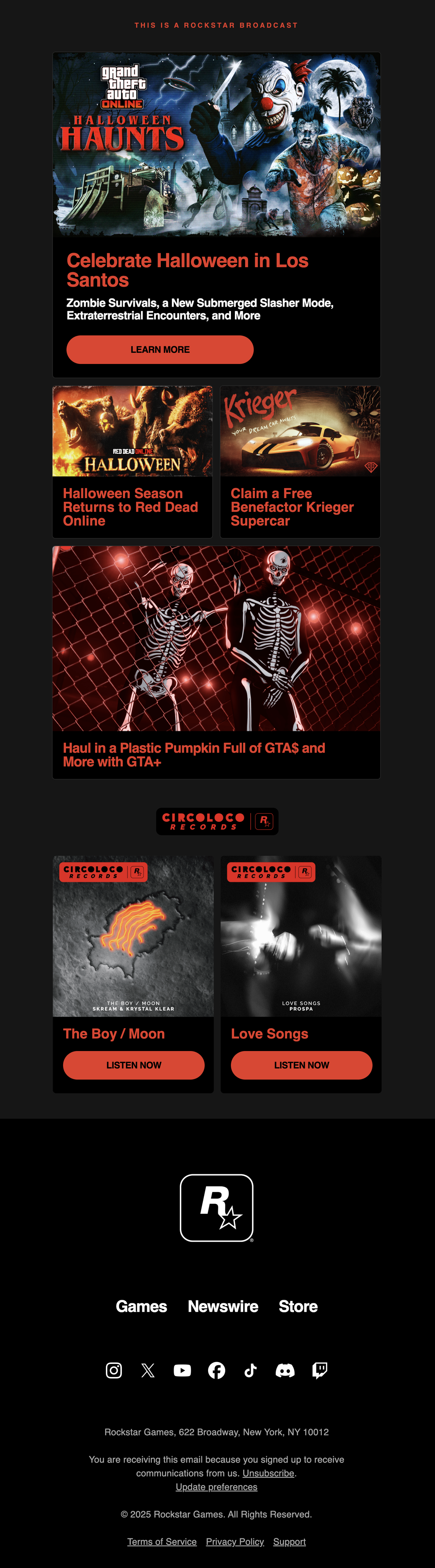 Email Marketing for Game Brands: Screenshot of Rockstar Games' newsletter for Halloween