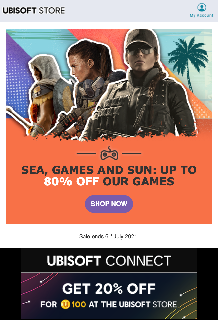 Email Marketing for Game Brands: Screenshot of Ubisoft's promo email for their summer sale