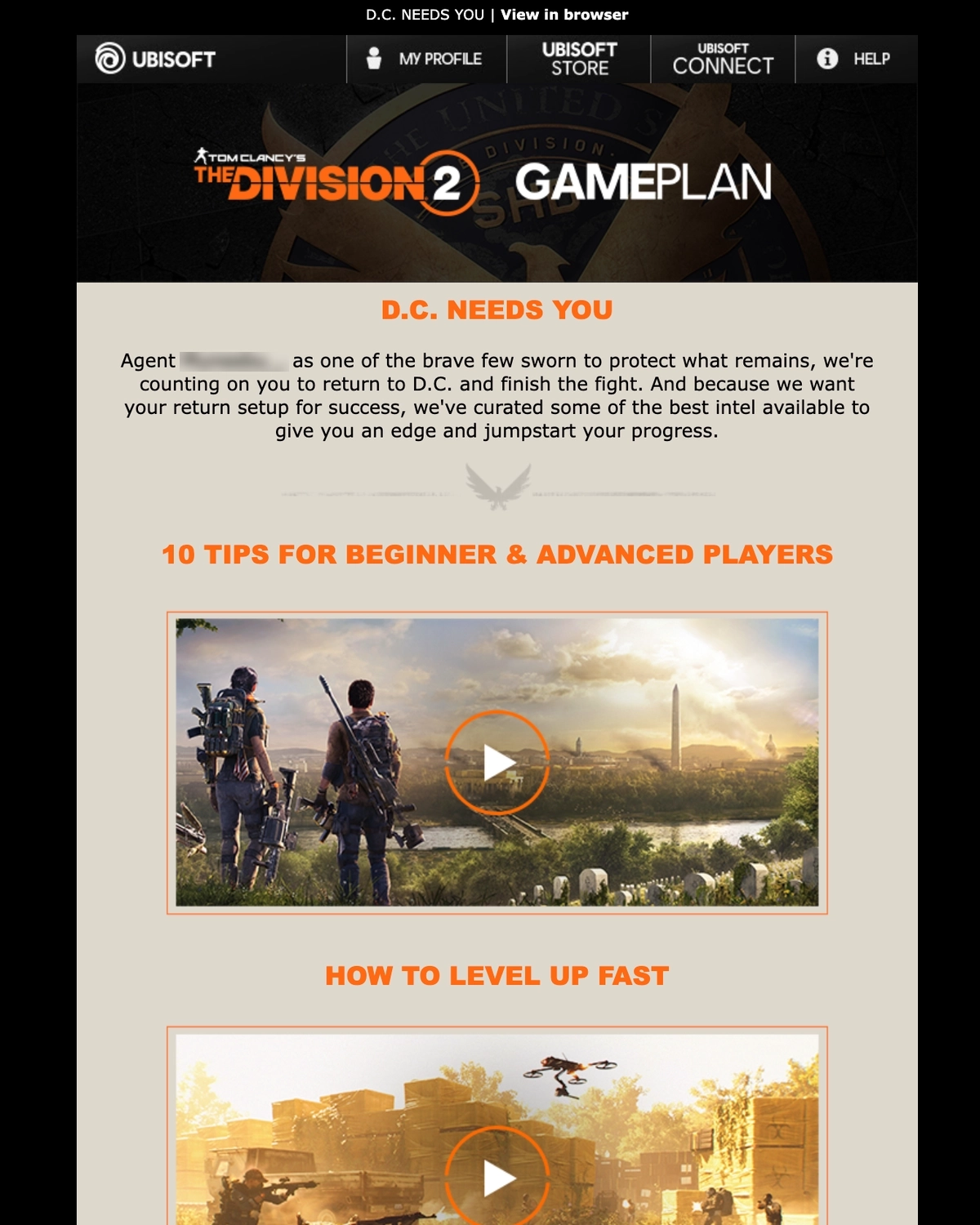 Email Marketing for Game Brands: Screenshot of Ubisoft's re-engagement email for The Division 2