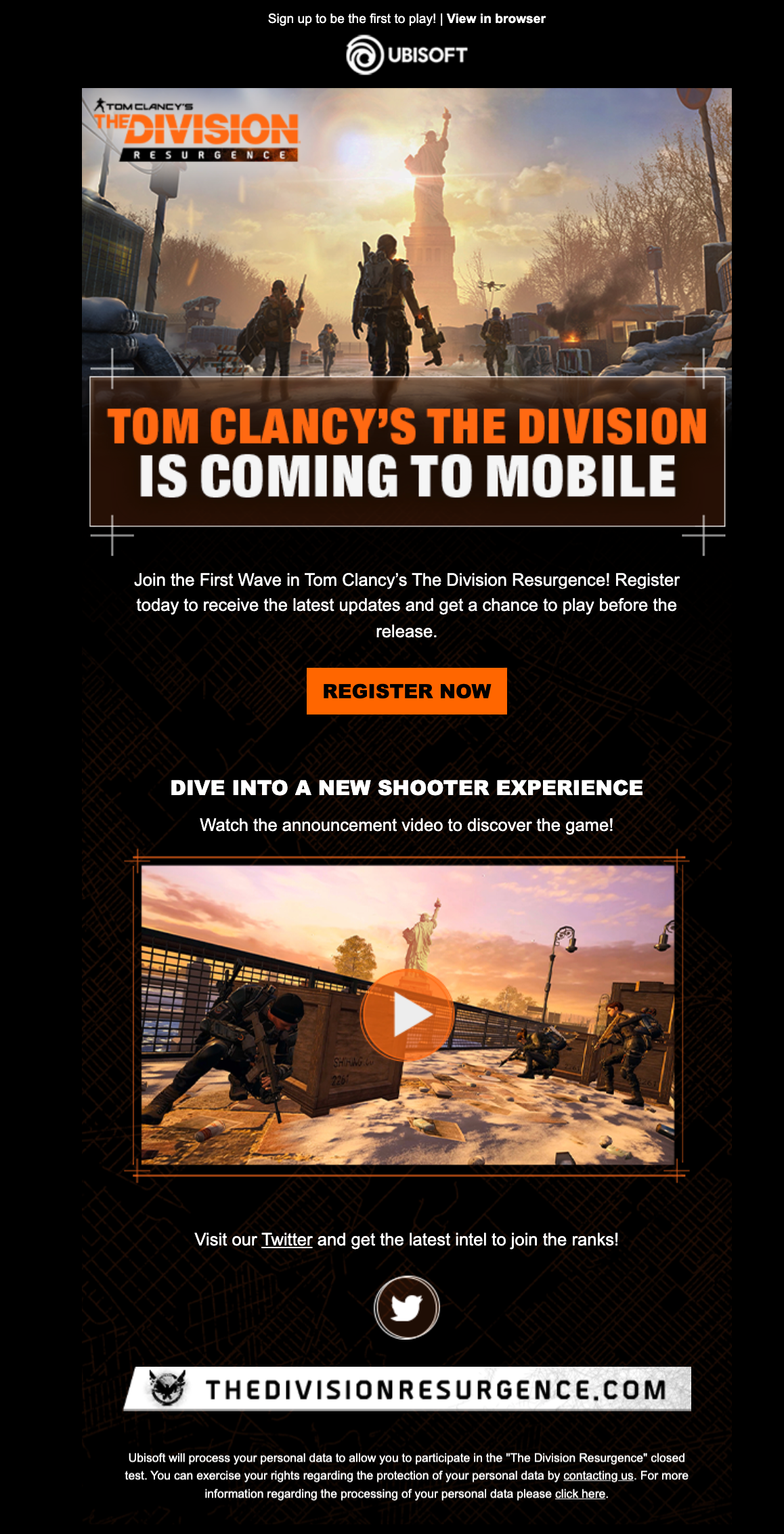 Email Marketing for Game Brands: Screenshot of Ubisoft's launch email for The Division on mobile