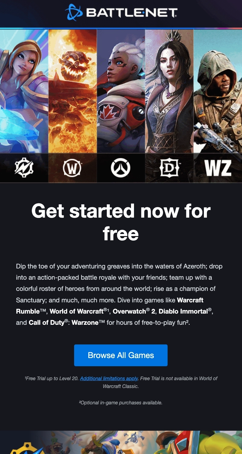 Email Marketing for Game Brands: Screenshot of Blizzard's second email for Battle.net in its welcome series