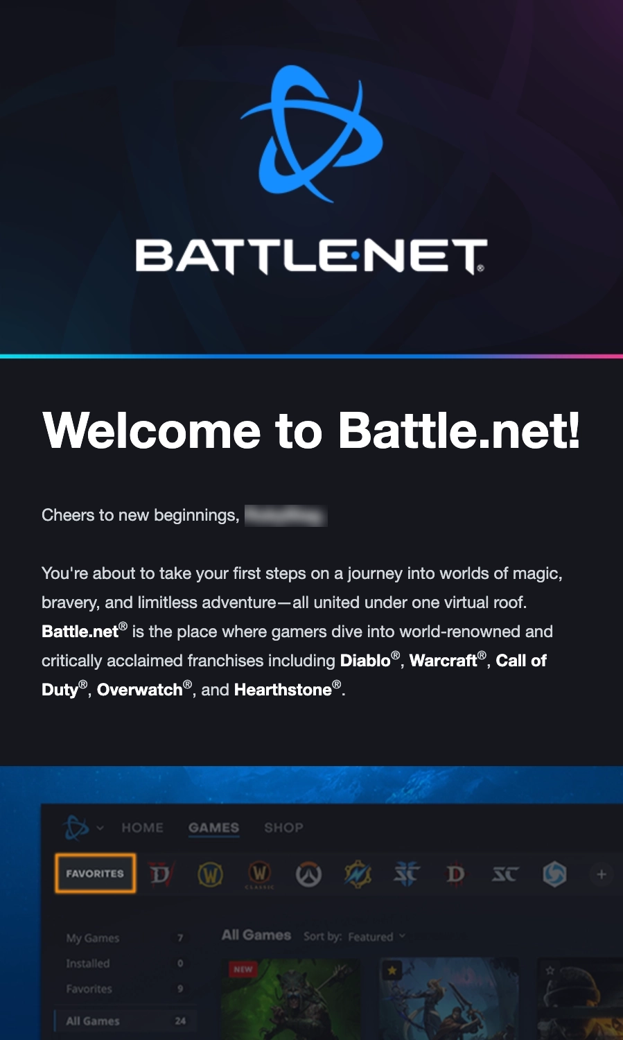 Email Marketing for Game Brands: Screenshot of Blizzard's first email for Battle.net in its welcome series