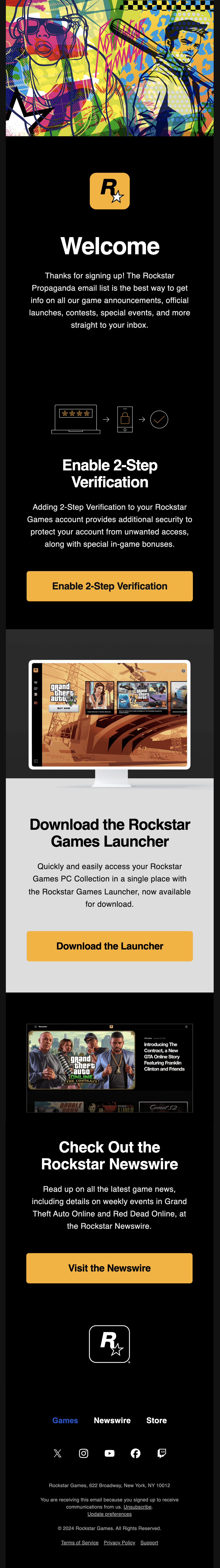 Email Marketing for Game Brands: Screenshot of Rockstar Games' welcome email for their newsletter