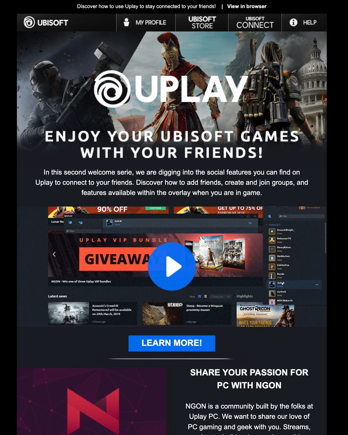 Email Marketing for Game Brands: Screenshot of Ubisoft's welcome email