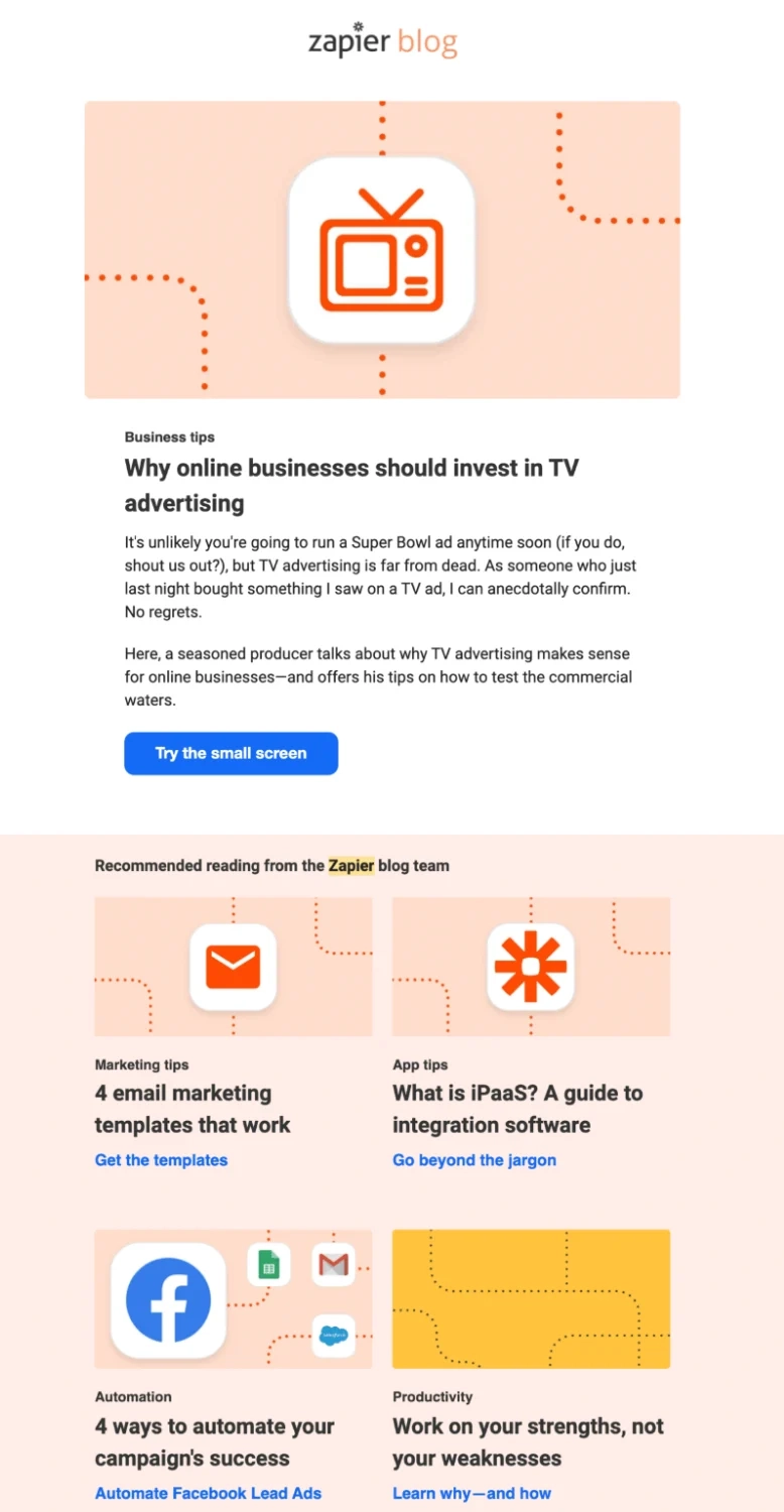 SaaS Email Personalization: Screenshot of Zapier’s newsletter