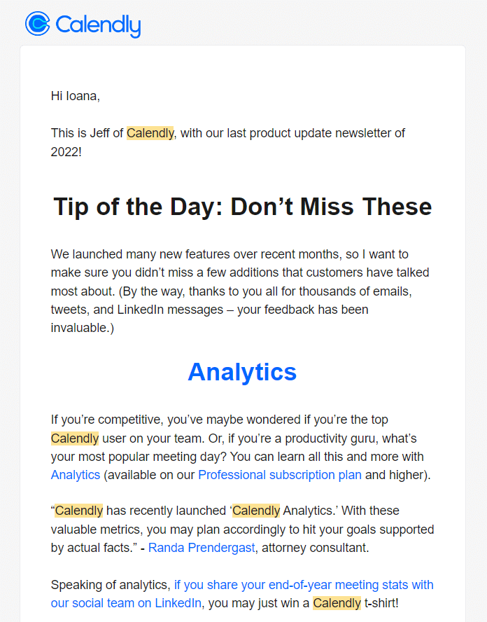 Email Writing Style: Screenshot of Calendly's email