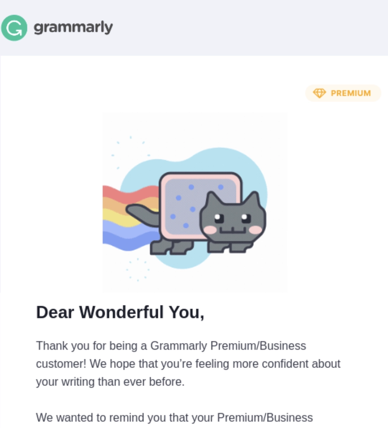 GIFs in SaaS Emails: Screenshot of Grammarly's renewal email