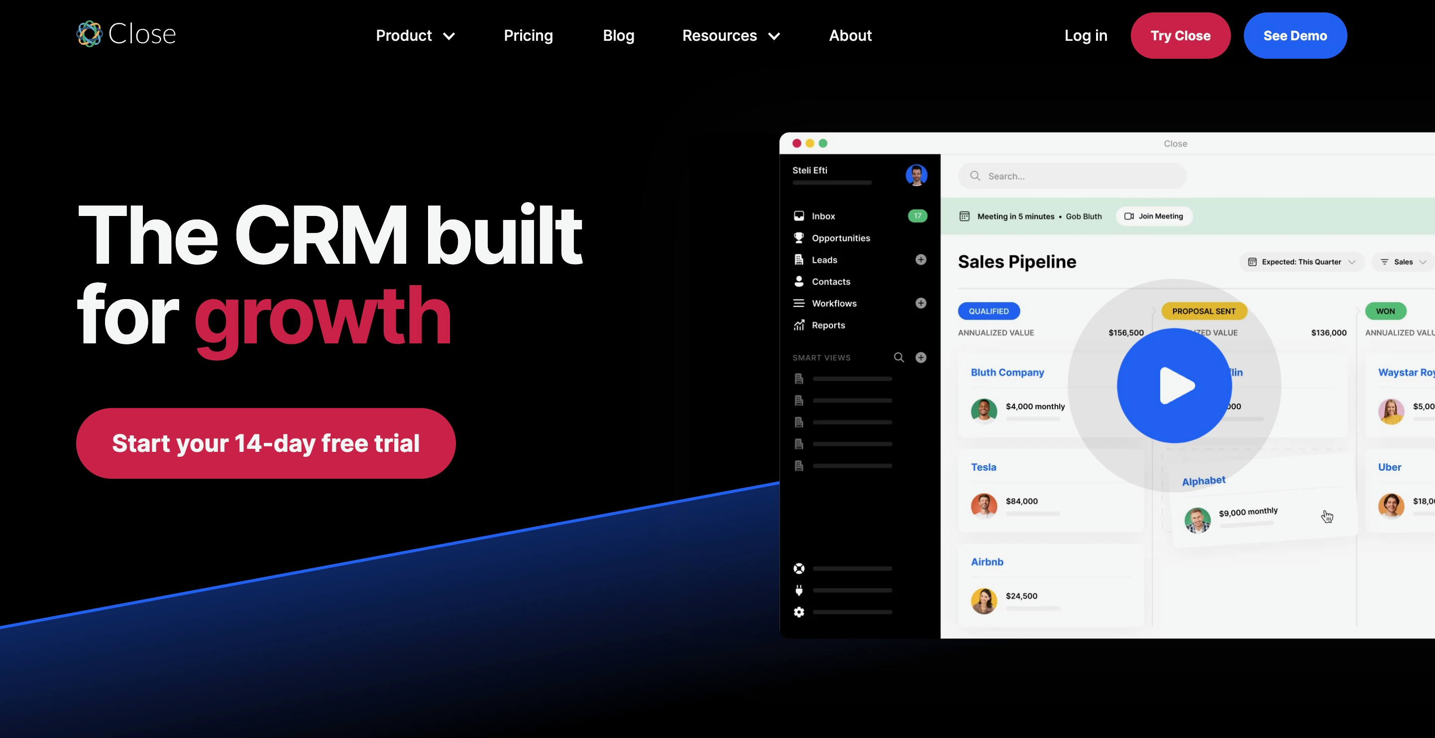 HubSpot Alternatives: Screenshot of Close's homepage