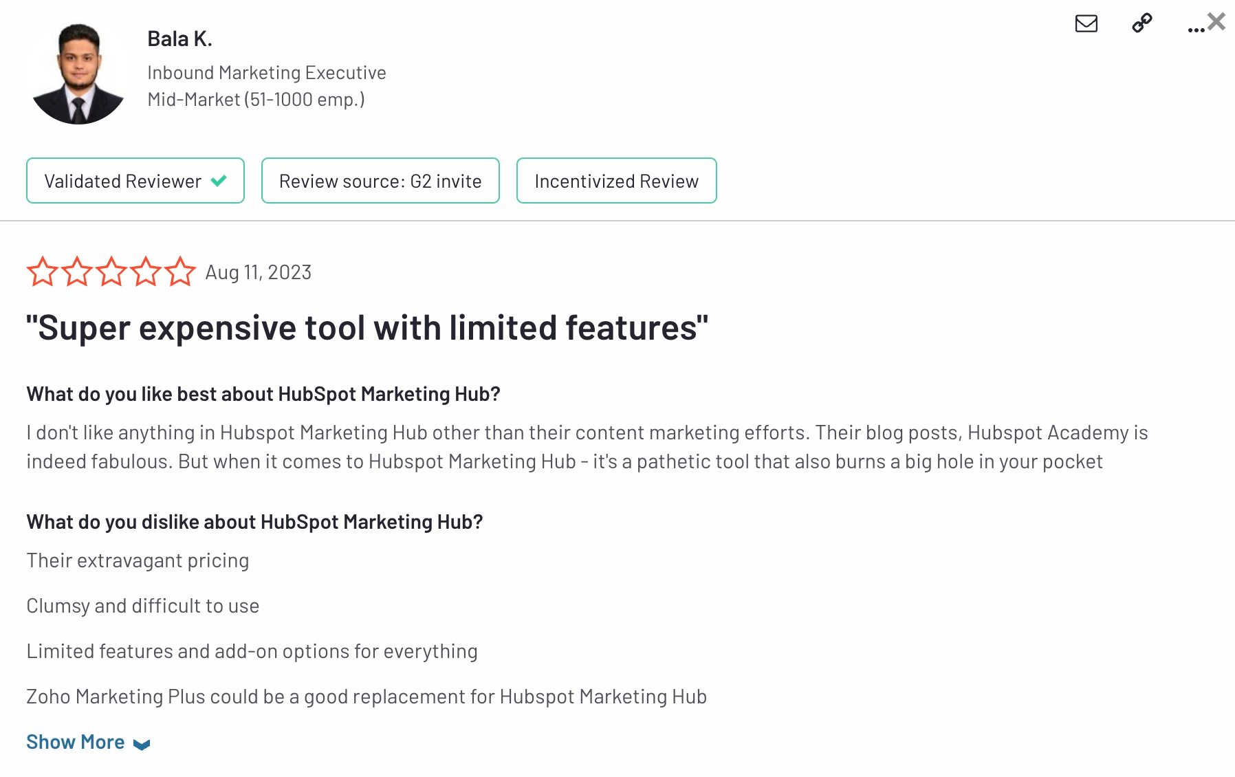 HubSpot Alternatives: Screenshot of a HubSpot review that talks about product complexity
