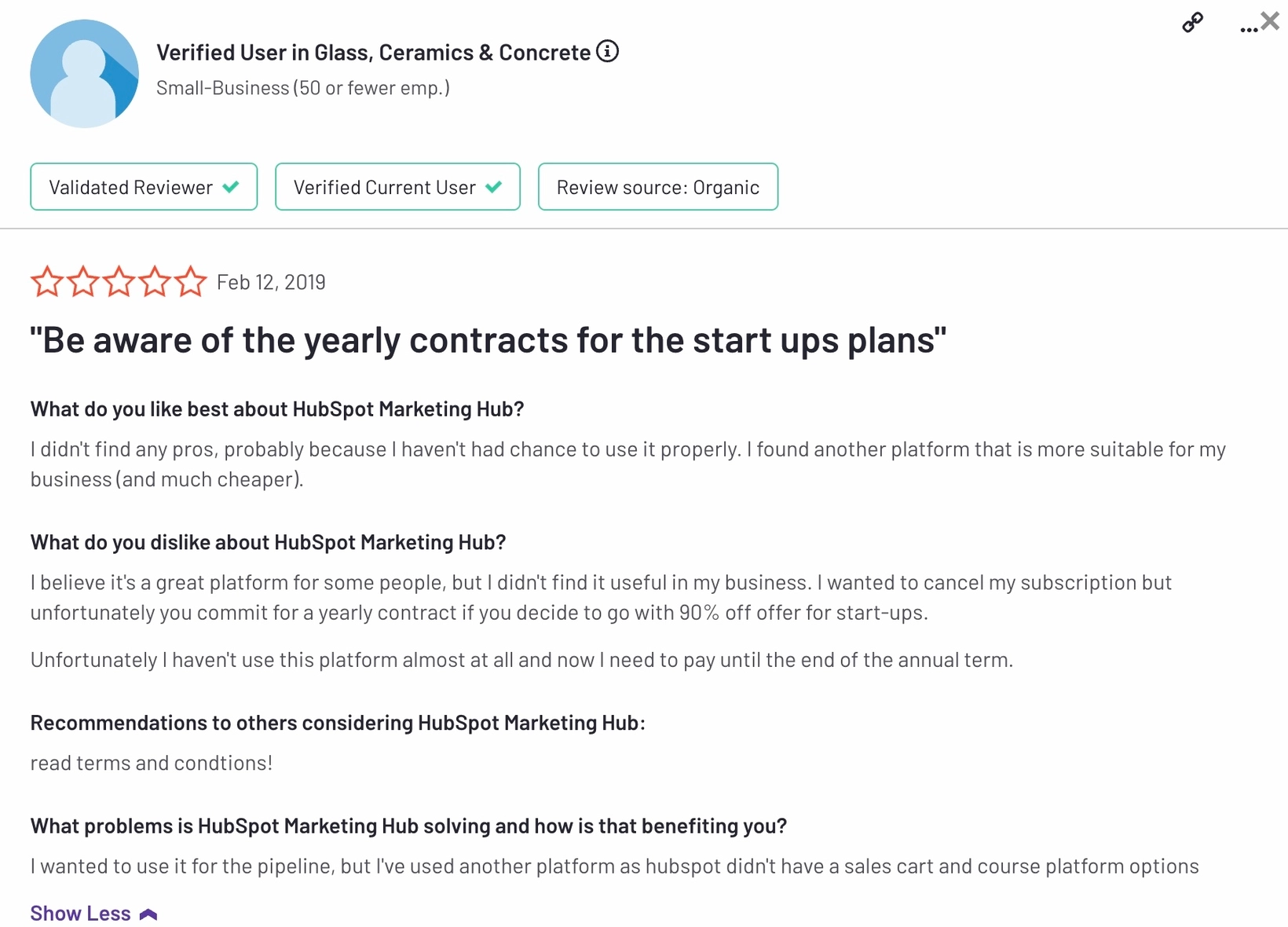 HubSpot Alternatives: Screenshot of a HubSpot review that talks about their lock-in contracts