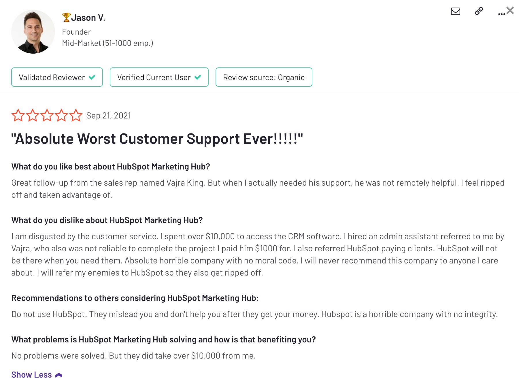HubSpot Alternatives: Screenshot of a HubSpot review that talks about the poor customer service