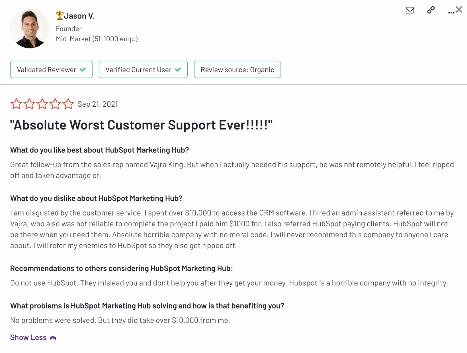 HubSpot Alternatives: Screenshot of a HubSpot review that talks about the poor customer service