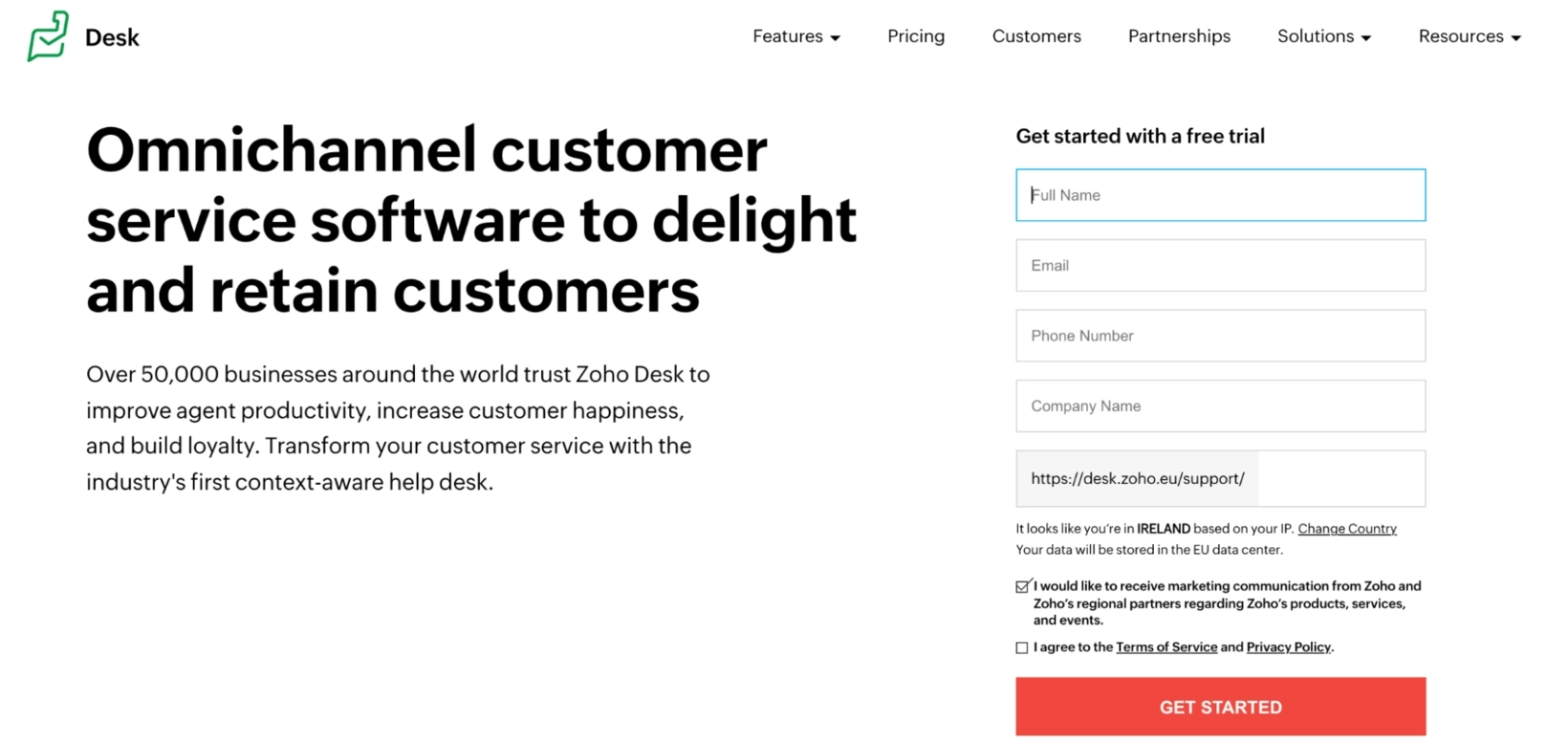 Intercom Alternatives: Screenshot of Zoho Desk homepage