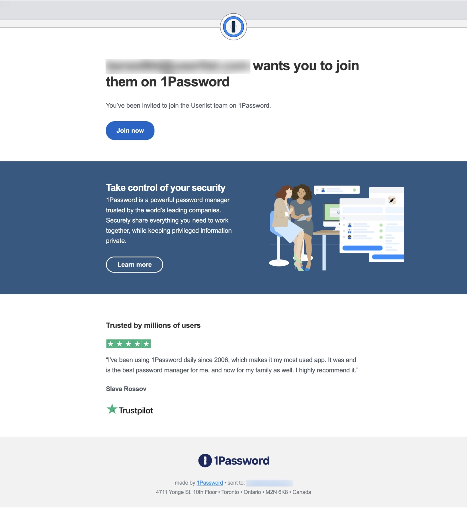 SaaS Invite Your Team Emails: Screenshot of 1Password's email about a team invitation