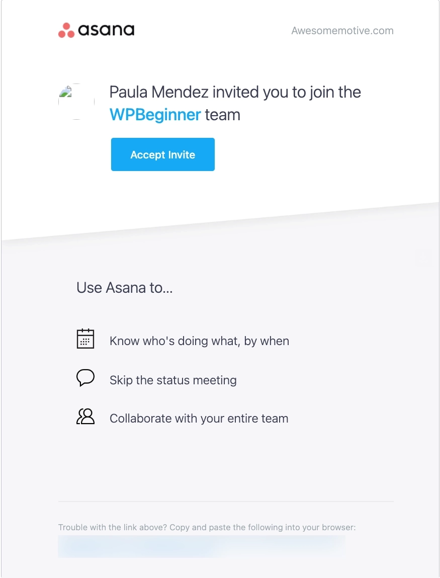 SaaS Invite Your Team Emails: Screenshot of Asana's email about a team invitation