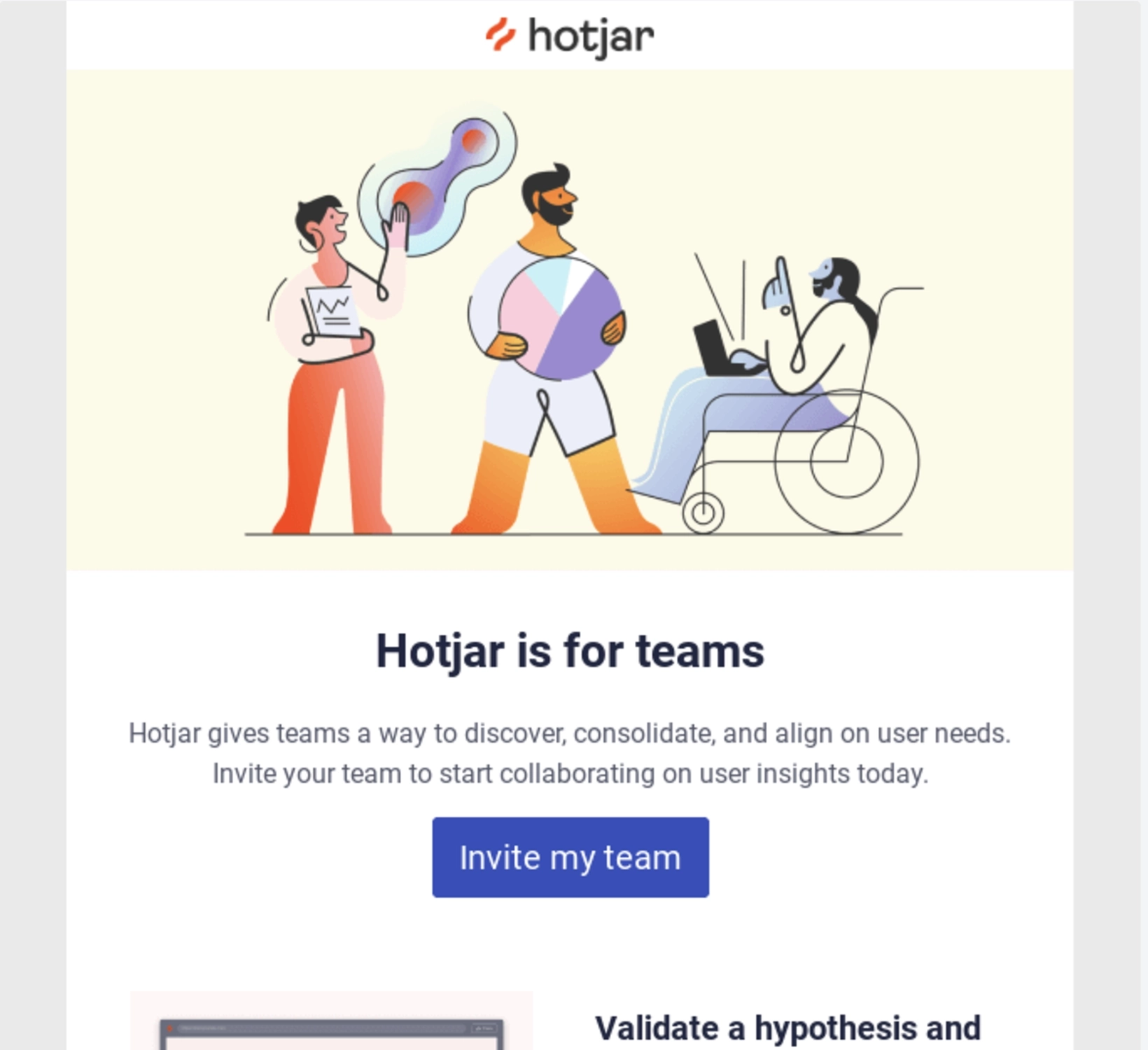 SaaS Invite Your Team Emails: Screenshot of Hotjar's email nudging users to invite team members