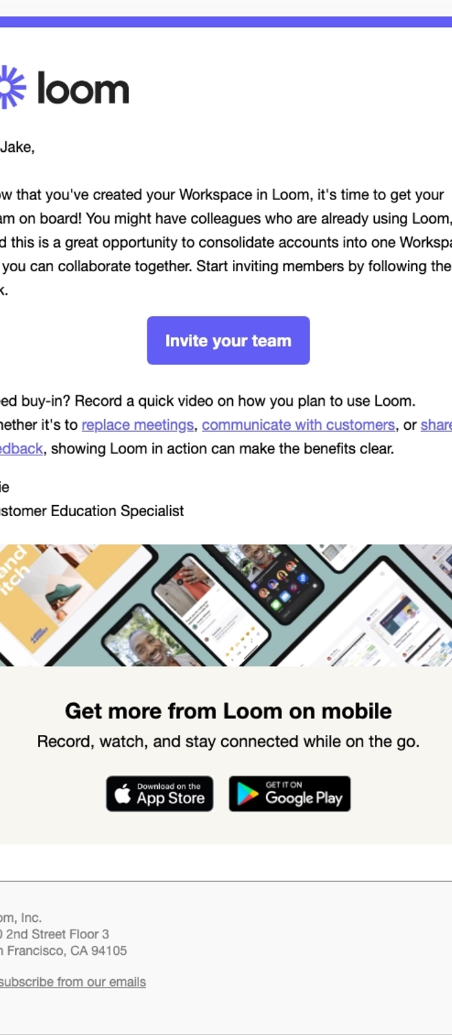 SaaS Invite Your Team Emails: Screenshot of Loom's email nudging users to invite team members