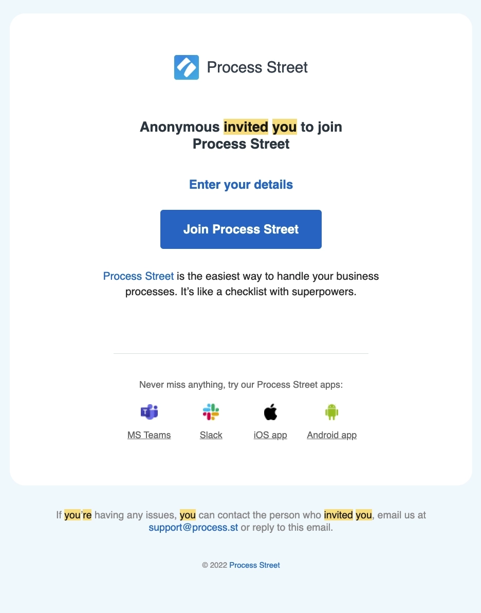 SaaS Invite Your Team Emails: Screenshot of Process Street's email about a team invitation