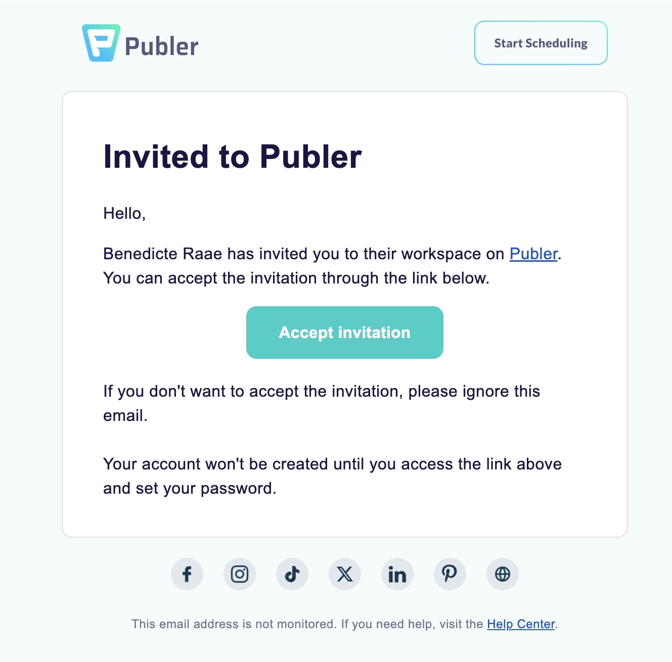 SaaS Invite Your Team Emails: Screenshot of Publer's email about a team invitation