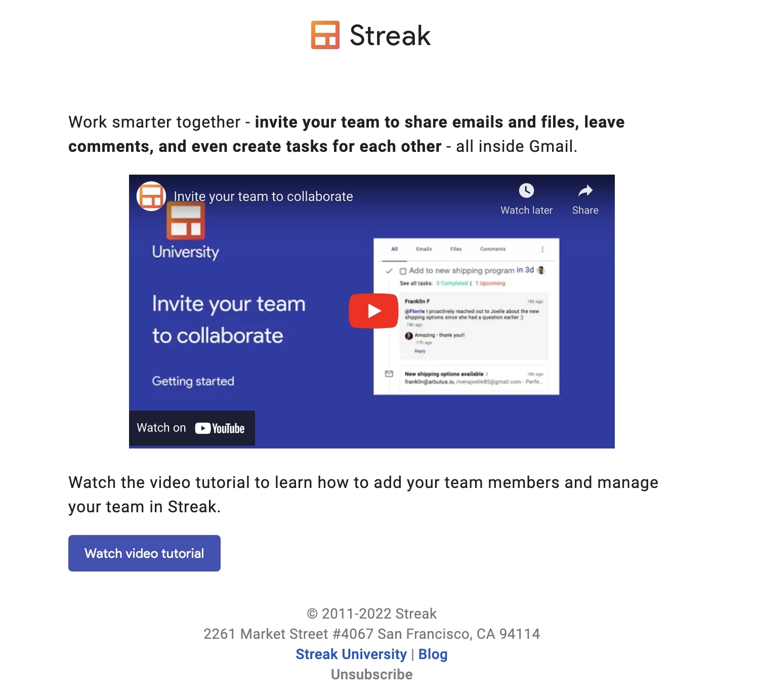 SaaS Invite Your Team Emails: Screenshot of Streak's email nudging users to invite team members