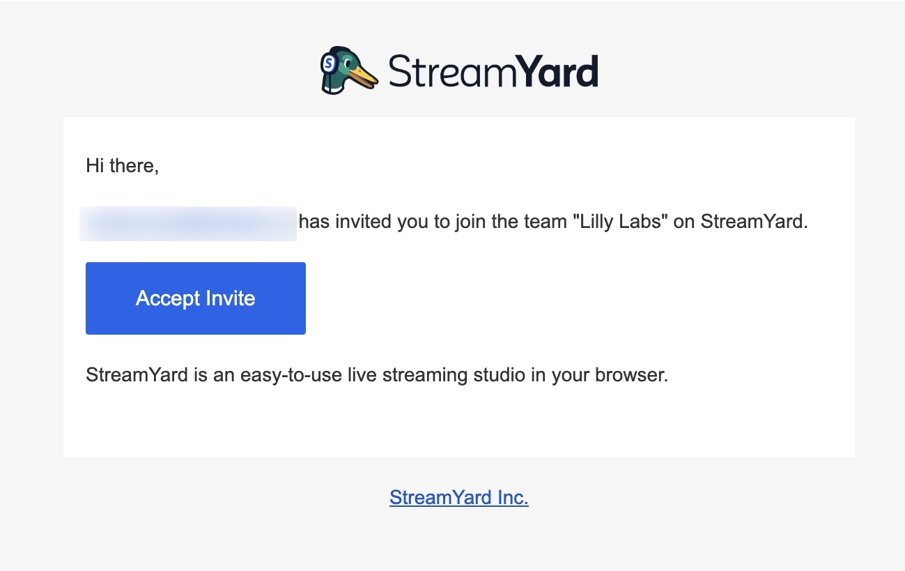 SaaS Invite Your Team Emails: Screenshot of StreamYard's email about a team invitation