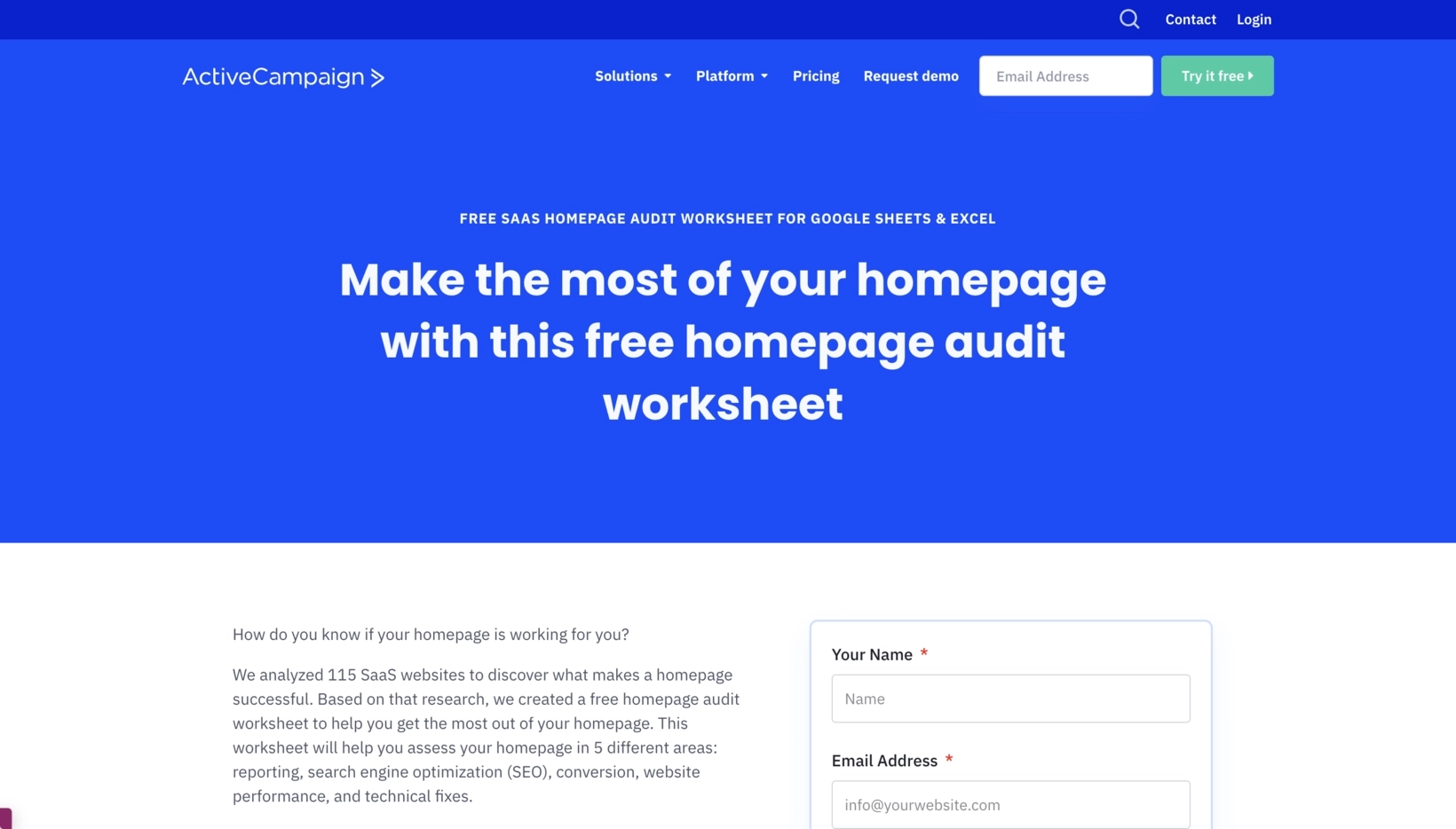 SaaS Lead Magnets: Screenshot of ActiveCampaign's audit worksheeet lead magnet signup page