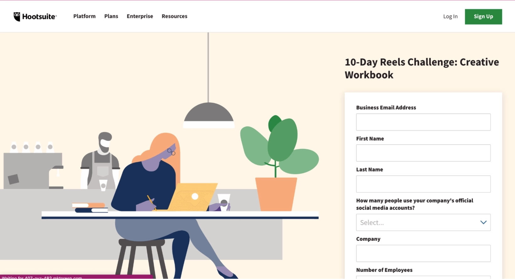 SaaS Lead Magnets: Screenshot of Hootsuite's workbook lead magnet signup page