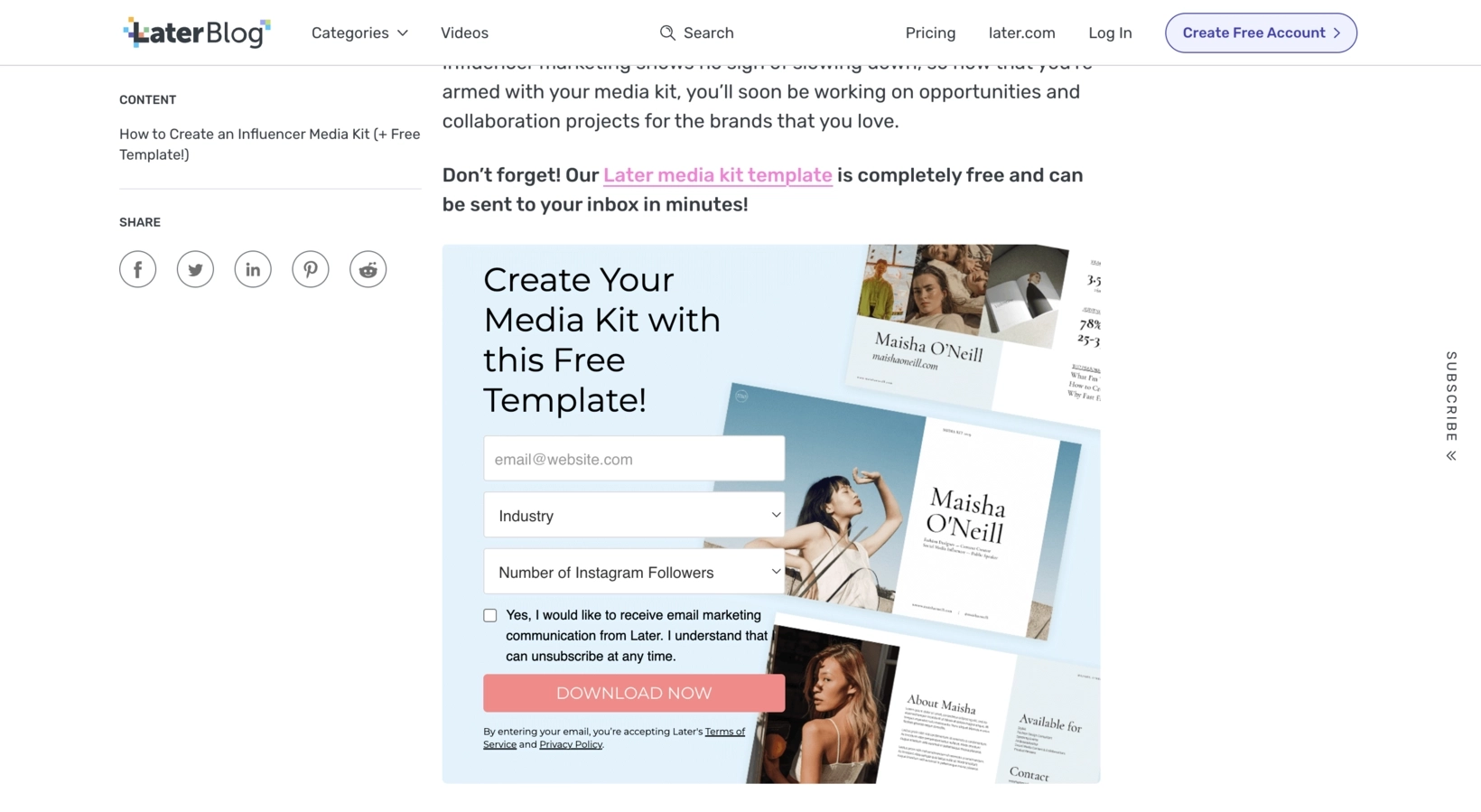 SaaS Lead Magnets: Screenshot of Later's sign up for for their content upgrade