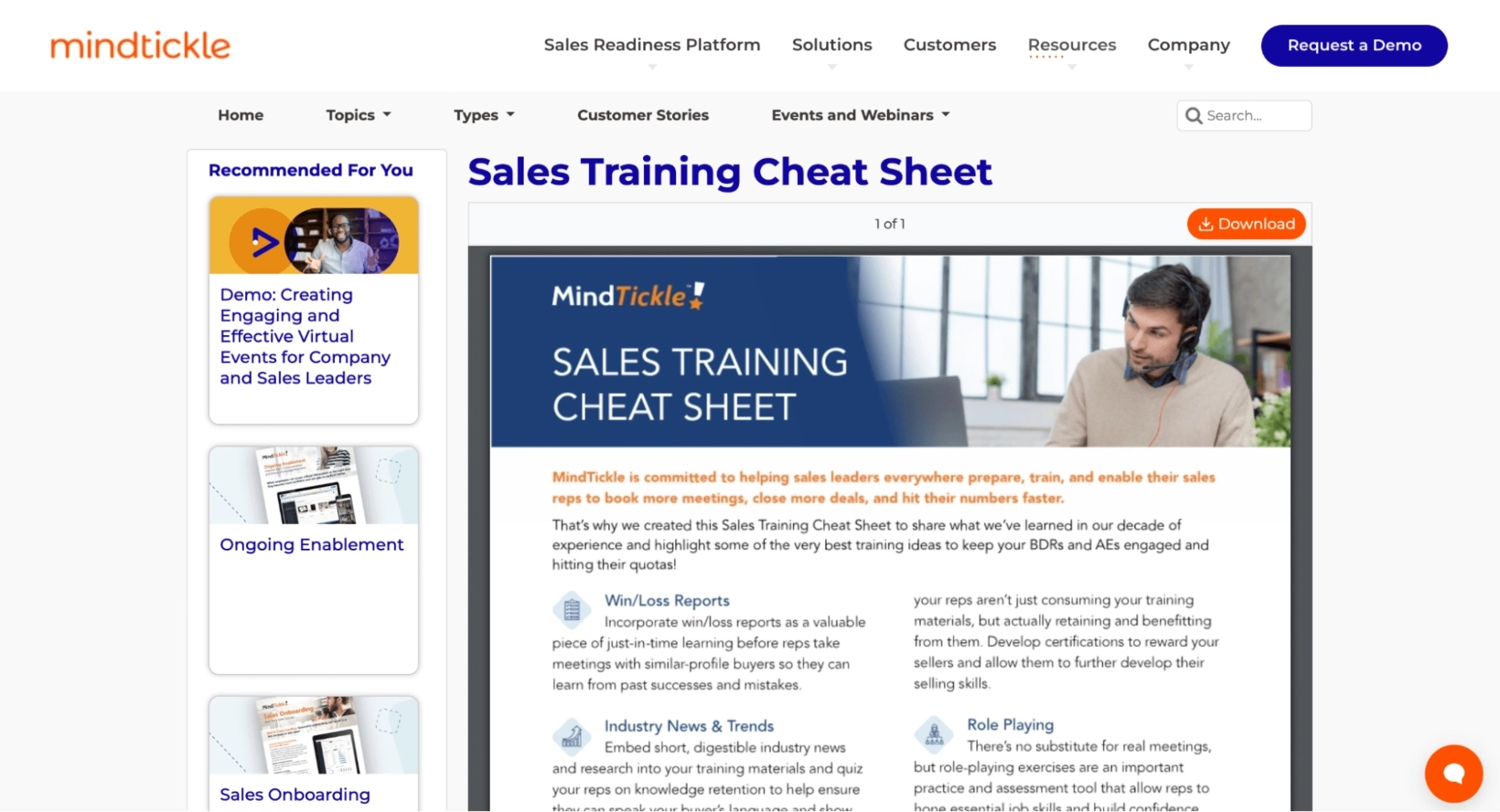 SaaS Lead Magnets: Screenshot of Mindtickle's cheat sheet lead magnet signup page