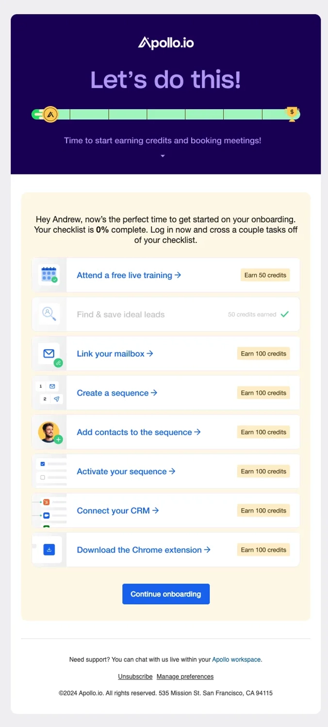 Multimodal Onboarding in SaaS Emails: Screenshot of Apollo.io’s email featuring multiple onboarding methods