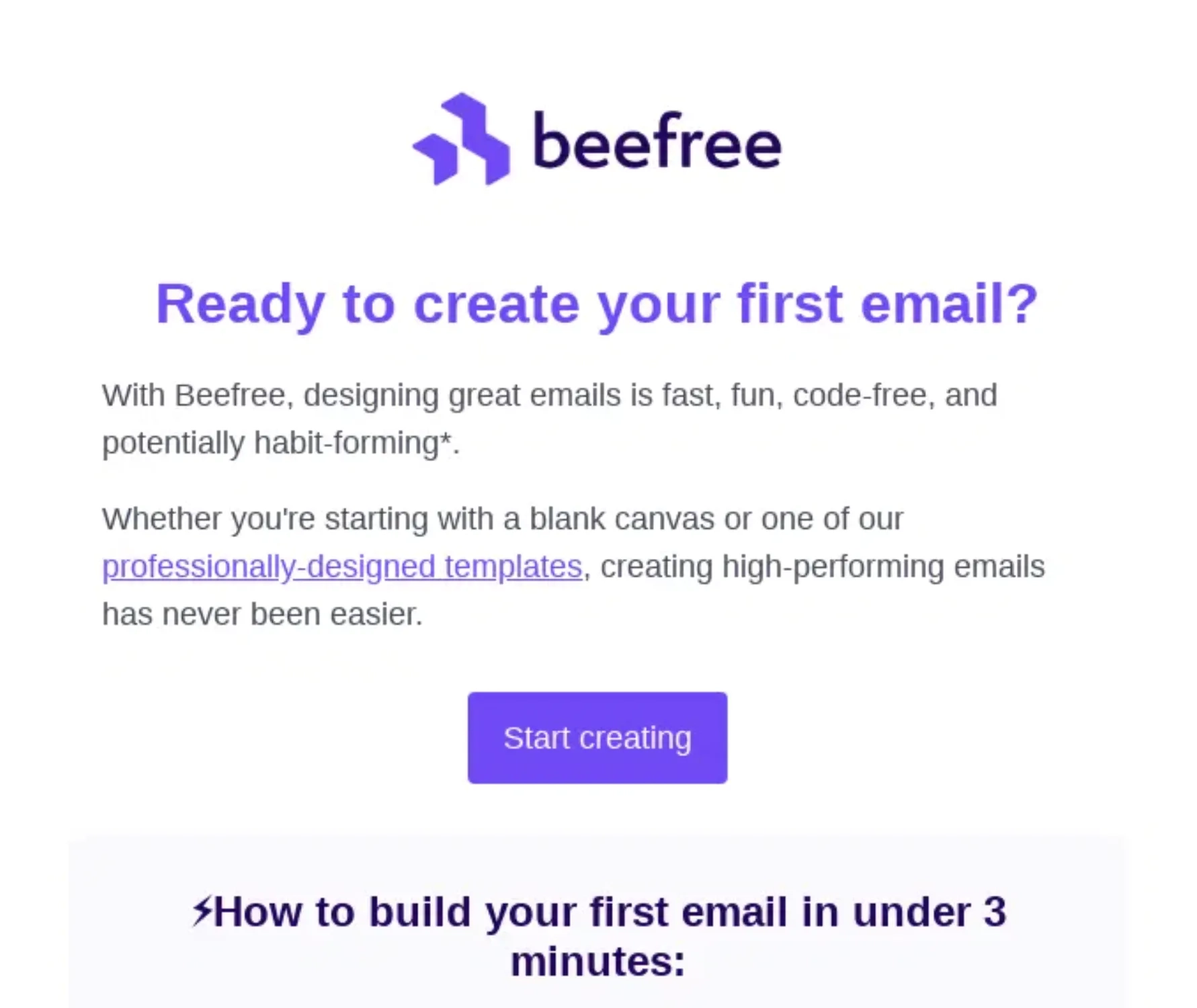 Multimodal Onboarding in SaaS Emails: Screenshot of Beefree’s email featuring multiple onboarding methods